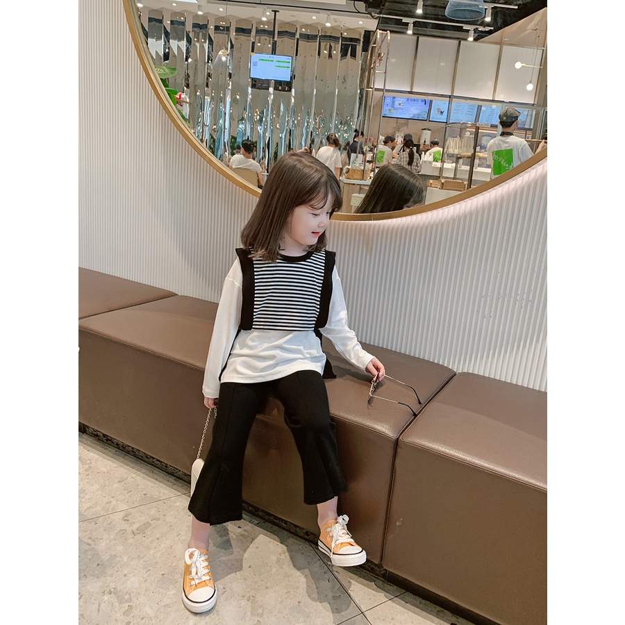 Áo Thun Dài Tay Giả Hai Lớp Họa Tiết Kẻ Sọc Thời Trang Xu Hướng Mới Cho Bé Gái