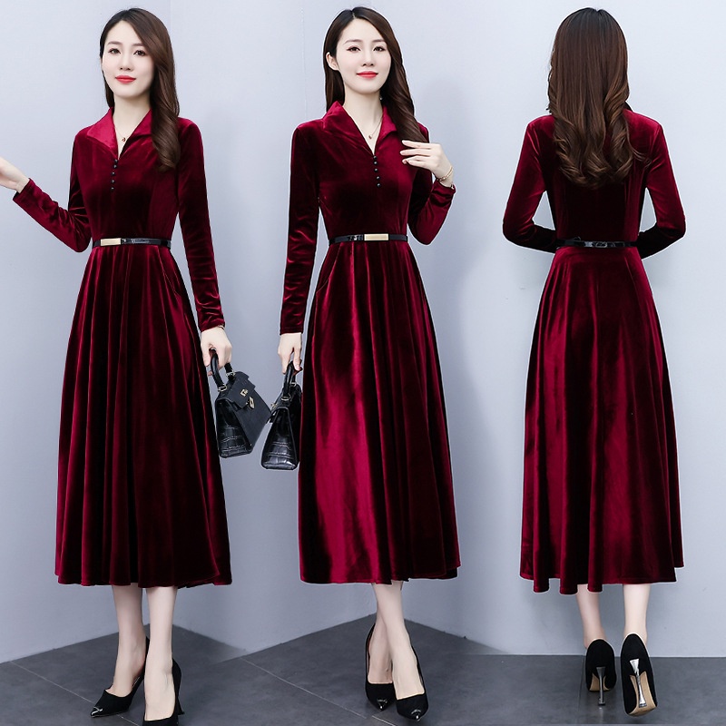 Đầm Tay Dài Có Túi Chất Liệu Nhung Màu Vàng Thời Trang Mùa Thu Cho Nữ