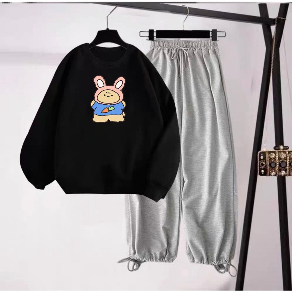 Sét áo nỉ Thỏ cà rốt và quần bom chun, Áo hoodie Unisex from rộng, Chất nỉ ấm mặc không xù, thiết kế phong cách - MODY