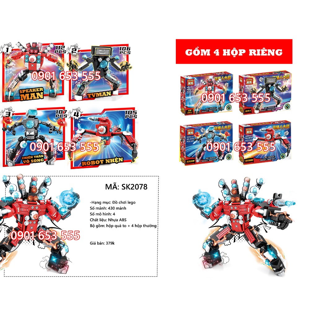 Lego 4 trong 1 Titan speaker man, Tivi man, camera man, Skibidi toilet - Đồ chơi lắp