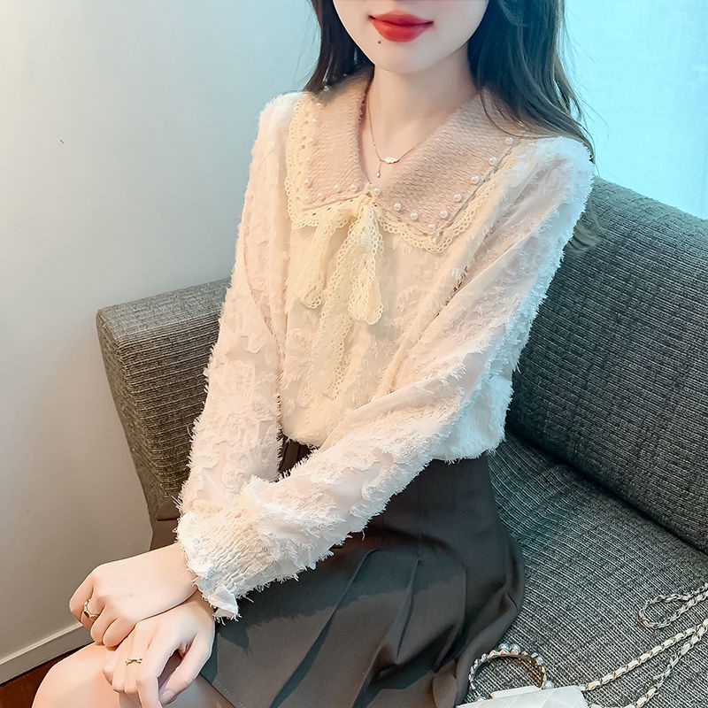 Áo Sơ Mi Dài Tay Phối Ren Dáng Rộng Phong Cách Hàn Quốc Thời Trang Thu Đông Mới Dành Cho Bạn Nữ