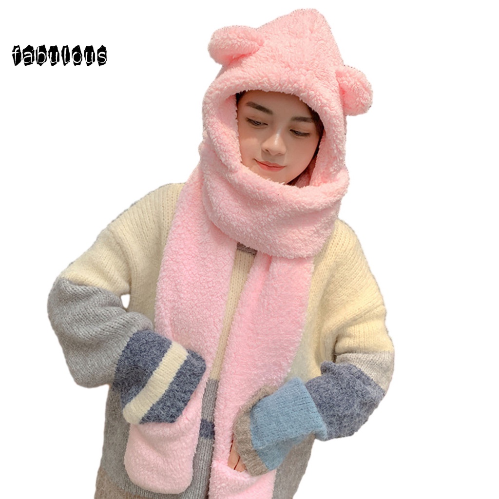 Fab set Mũ Trùm Đầu + Găng Tay + Khăn Choàng 3 Trong 1 Bằng Vải Bông Giữ Ấm Tai Gấu Co Giãn Thời Trang Mùa Đông Cho Nữ