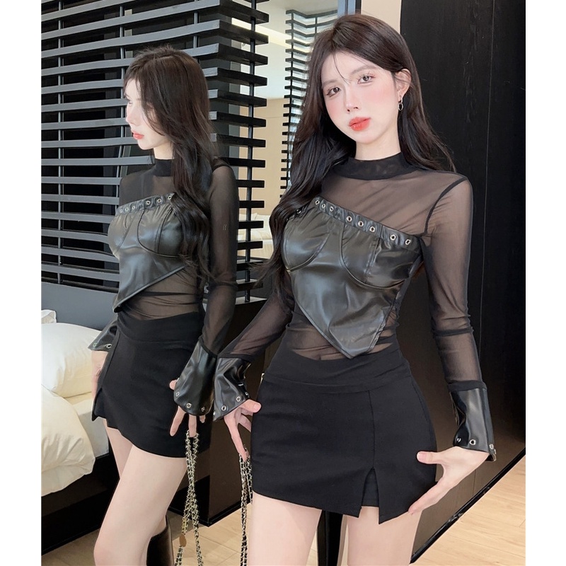 Áo Da pu Dài Tay Phối Lỗ Thời Trang Gợi Cảm Cho Nữ