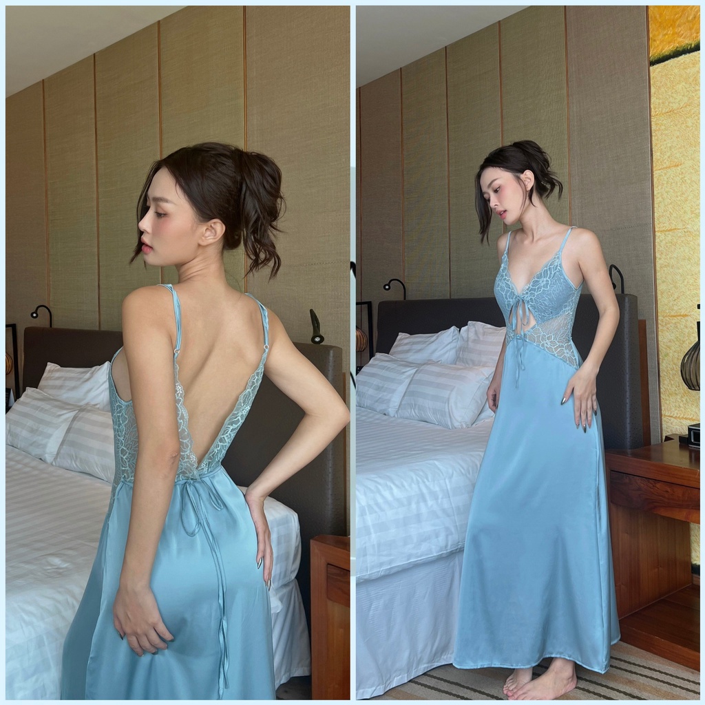 Đầm Ngủ Dáng Dài 2 Dây Phối Ren Cut Out Ngực Sexy Freesize Lụa Latin Cao Cấp