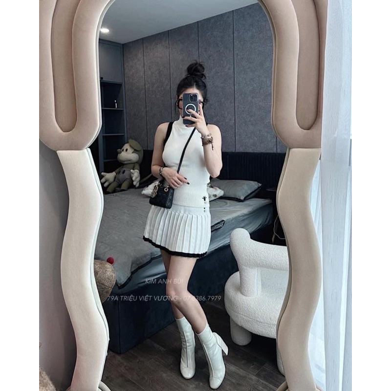 SET ÁO LEN SÁT NÁCH + CHÂN VÁY THÊU ONG  PHONG CÁCH HÀN QUỐC DÀNH CHO NỮ