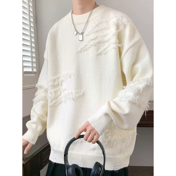 Áo sweater nam cổ tròn nam dáng rộng phong cách Hàn Quốc phối rách vải len sợi dày dặn thời trang thu đông cho cặp đôi