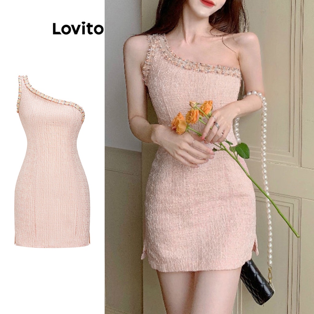 Đầm lệch vai dự tiệc Lovito váy dự tiệc sang chảnh thanh lịch kiểu pháp lệch vai xẻ tà hông xếp nếp màu trơn thanh lịch cho nữ L65ED163 (màu hồng)