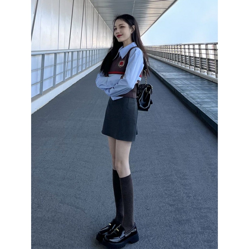 Bộ Áo Thun polo Dệt Kim + Chân Váy Ngắn Lưng Cao Họa Tiết Kẻ Sọc Phong Cách retro Mỹ Cho Nữ