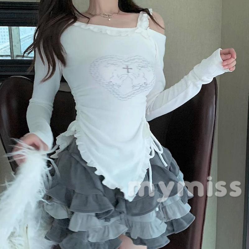 Mymiss1-áo Thun Lạnh Tay Dài Dáng Ôm Hở Vai In Họa Tiết Chữ Thập Và Trái Tim Mùa Xuân Thu Cho Nữ