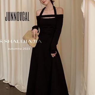 JUNNOVGAL Nữ Midi Đầm Thời Trang Phong Cách Mới Slim Fit Dài Tay Màu Trơn Tắt Vai