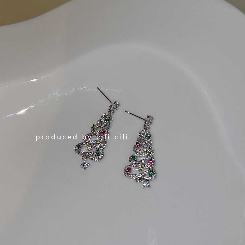 Bông Tai Hình Cây Thông Giáng Sinh Đính Đá zircon Nhiều Màu Sắc Siêu Lấp Lánh Thời Trang Thu Đông