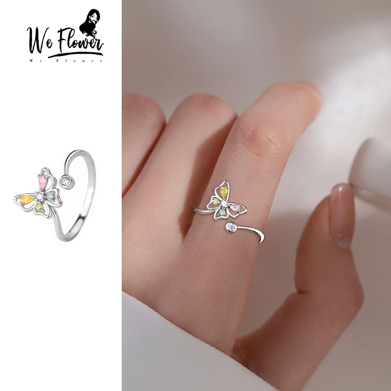 We flower Nhẫn Mạ Bạc 925 Hình Bướm Đính Đá Nhiều Màu Phong Cách Hàn Quốc