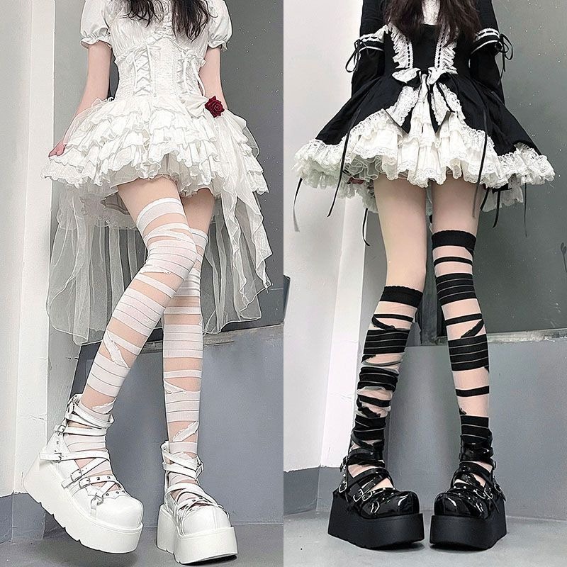 Japanese Lolita Black and White Bandage Stockings for Girls' New JK Uniform Cross Tie Long Tube Knee Length Stockings