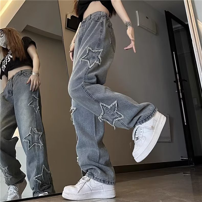 Daduhey Quần Jean Dài Ống Rộng Dáng Suông Thêu Ngôi Sao Màu Xanh Dương Cho Nữ