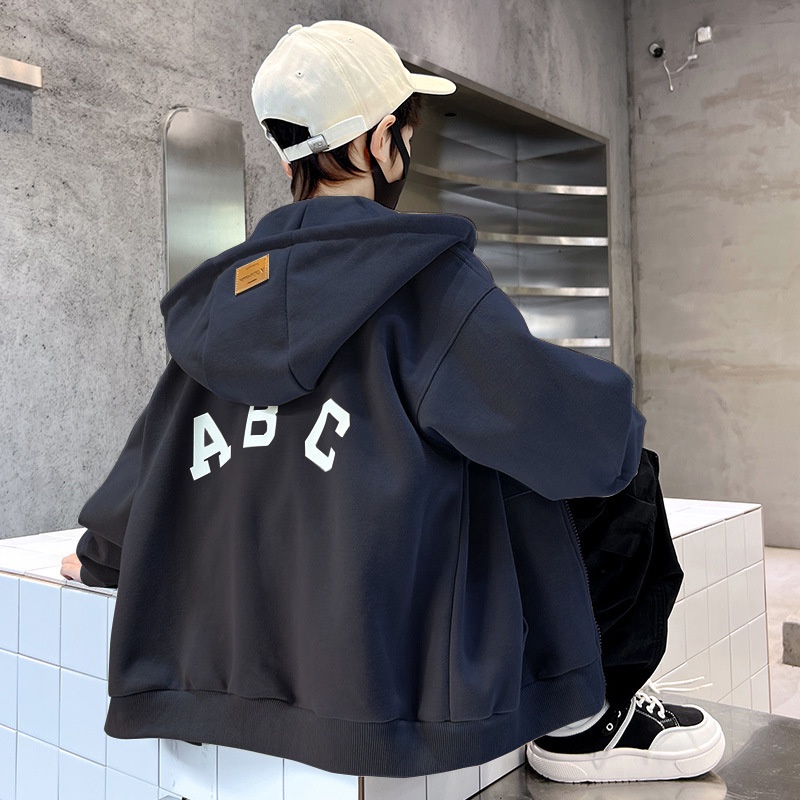 Áo khoác nỉ cho bé SIZE ĐẠI AB803 sz 120-170 màu xanh than chữ ABC, áo khoác có mũ phong cách thể thao thu đông 2023