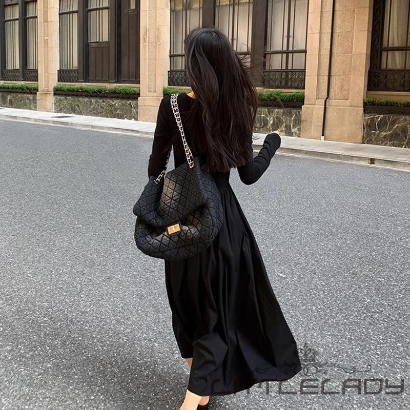 Đầm Dệt Kim Chữ a Tay Dài Khoét Lỗ Có Túi Cho Nữ