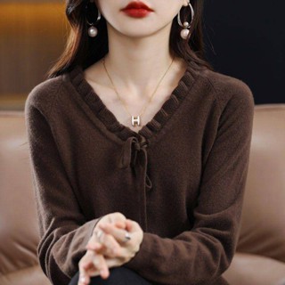 Áo sweater Cổ Chữ v Viền Ren Dáng Rộng Phong Cách Thu Đông Mới Cho Nữ