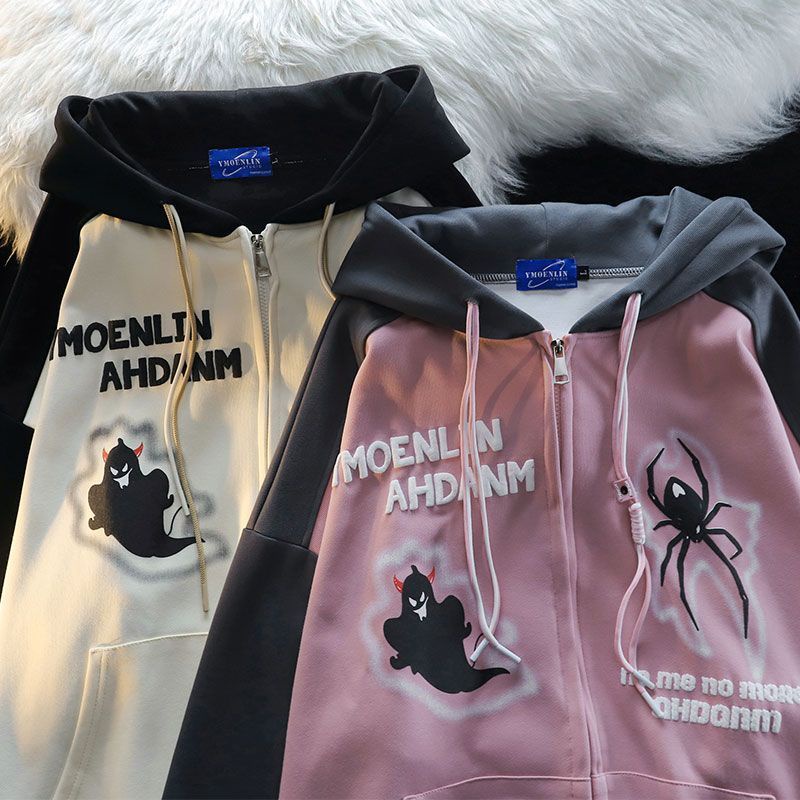 Áo Khoác Hoodie Dáng Rộng In Hình Nhện Phong Cách Đường Phố Mỹ Cá Tính Cho Nam Và Nữ