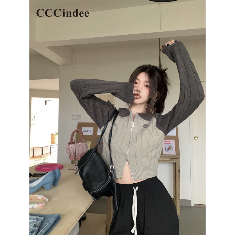 Cccindee Áo Khoác Tay Dài Cổ Bẻ Hai Khóa Kéo Ôm Dáng Màu Tương Phản Thời Trang Mới 2023 Dành Cho Bạn Nữ