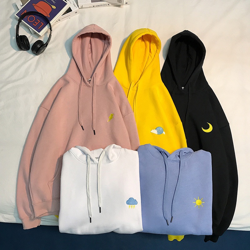 Ái nỉ hoodie thêu icon cho cặp đôi - Áo nỉ nam nữ unisex thu đông có mũ chùm đầu