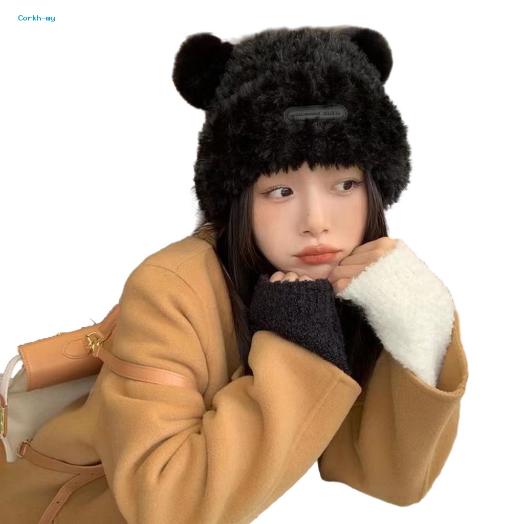 Mũ beanie Màu Trơn Đính Tai Gấu Hoạt Hình Bằng Vải Bông Mềm Mại Ấm Áp Thời Trang Mùa Đông Cho Nữ