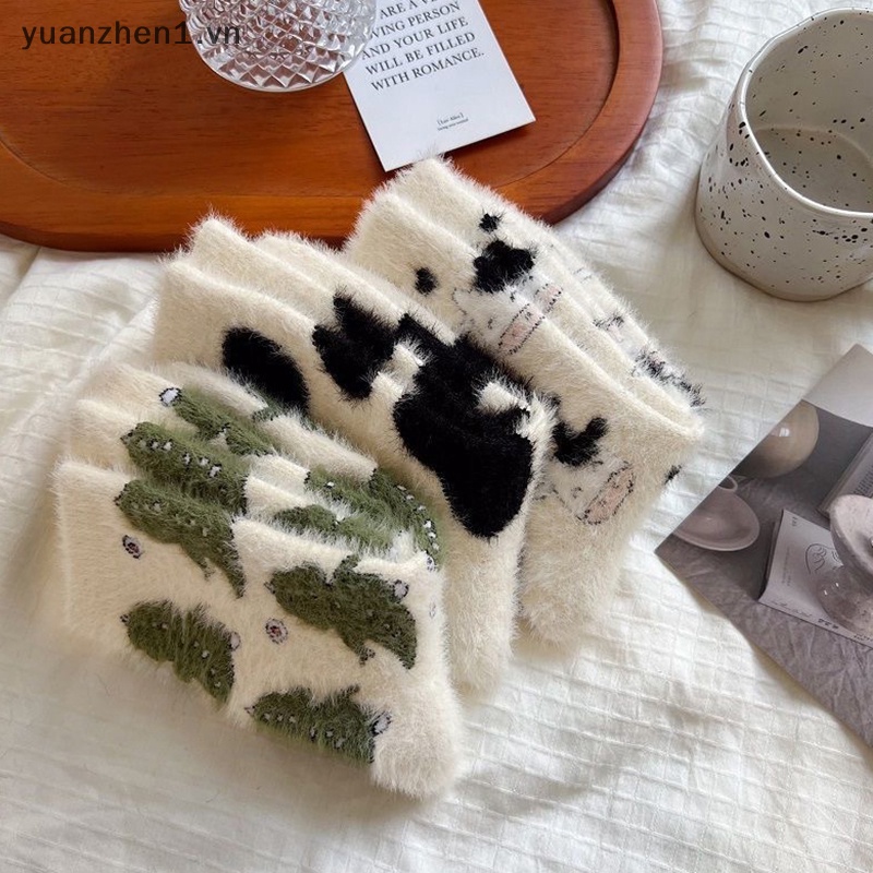 Zhen Vớ Nhung San Hô Giữ Ấm Mùa Đông In Họa Tiết Bò Sữa Vui Nhộn sox vn