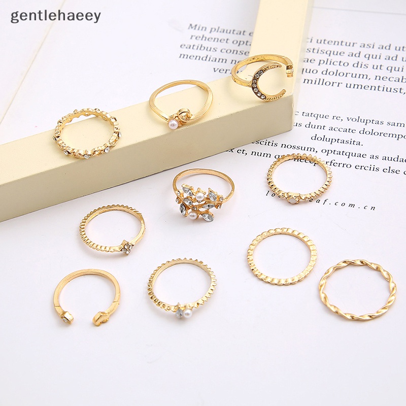 Gent set 10 Nhẫn Đeo Khớp Ngón Tay Màu Vàng Kim Cổ Điển Hình Trăng Sao Ngọc Trai Tình Yêu Thời Trang Đơn Giản Sáng Tạo