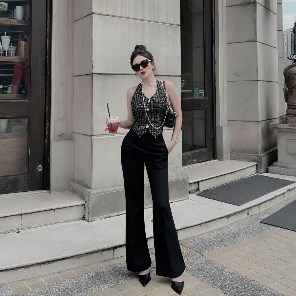 H155- Áo dạ gile tweed 2 lớp cổ yếm hở lưng quyến rũ Mộc She