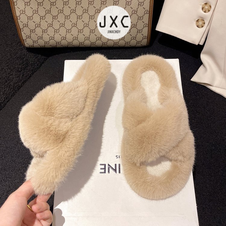 JINxCHOYDép Lông Xù Mũi Tròn Quai Chéo Màu Trơn Dễ Thương Hợp Thời Trang Hè