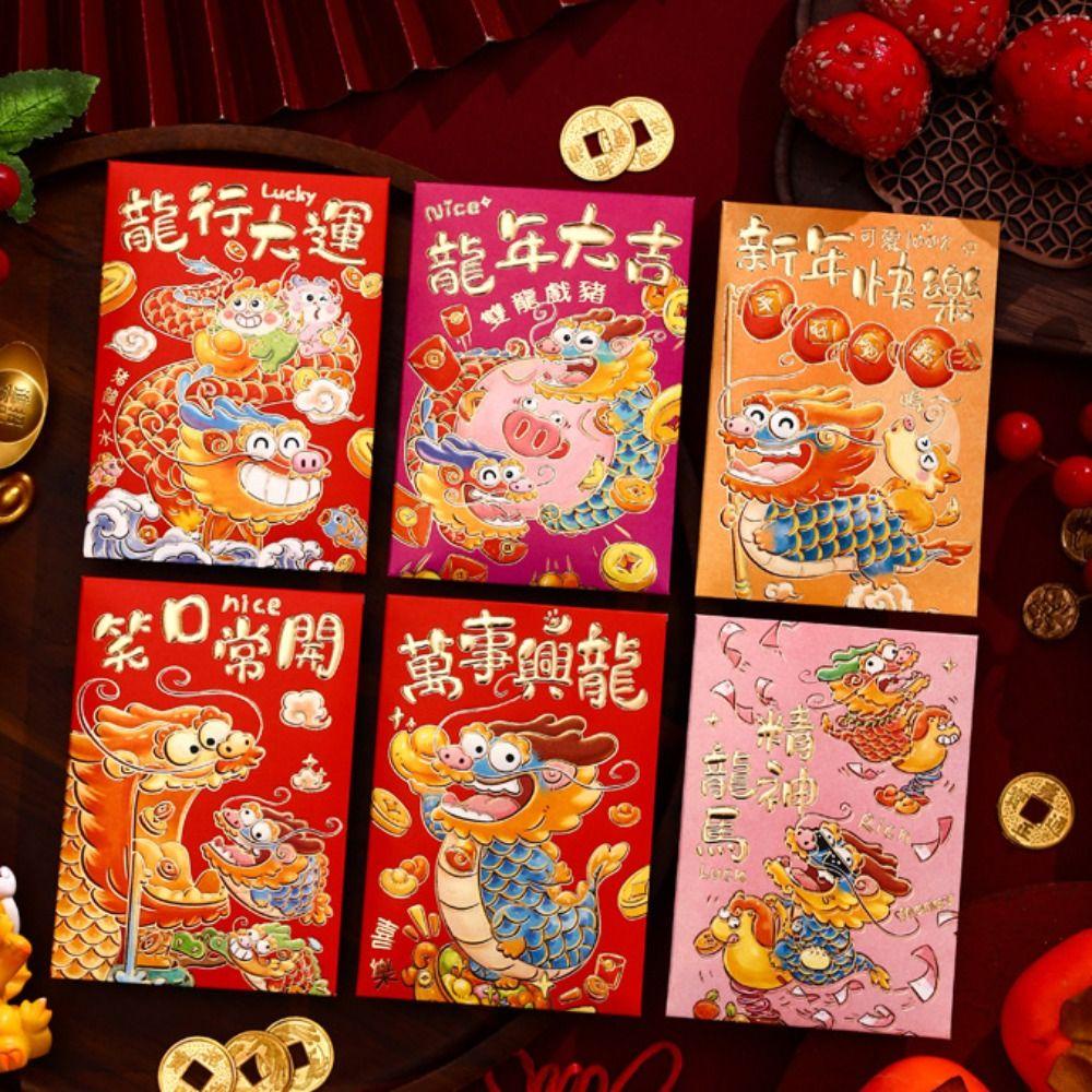 Set 6 Bao Lì Xì Màu Đỏ Họa Tiết Rồng Năm Mới 2024 Phong Cách Trung Hoa