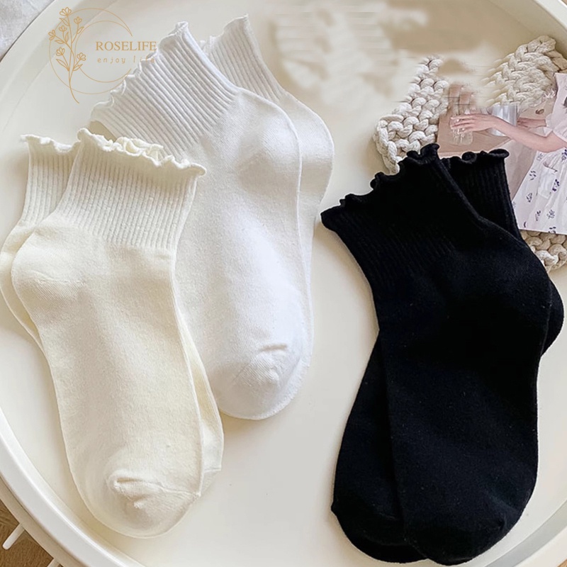 Roselife Đôi Vớ cotton Siêu Mềm Viền Ren Trắng Đen Dành Cho Nữ Mặc Hàng Ngày