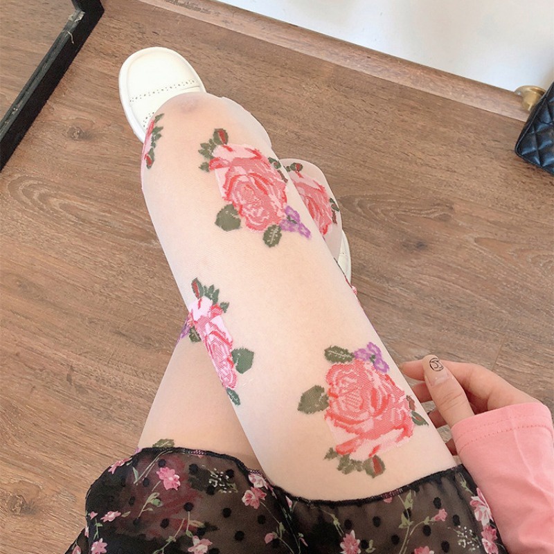 New Style Silk Stockings, Retro Floral Jumpsuit, Black Silk Nightclub Dancing, Women's Floral Silk Stockings with Anti Hook and Anti Silk Punching