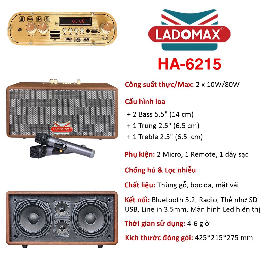 Loa Karaoke xách tay Ladomax HA-6215 có chức năng Chống hú & Lọc nhiễu, sử dụng 4 - 6 giờ