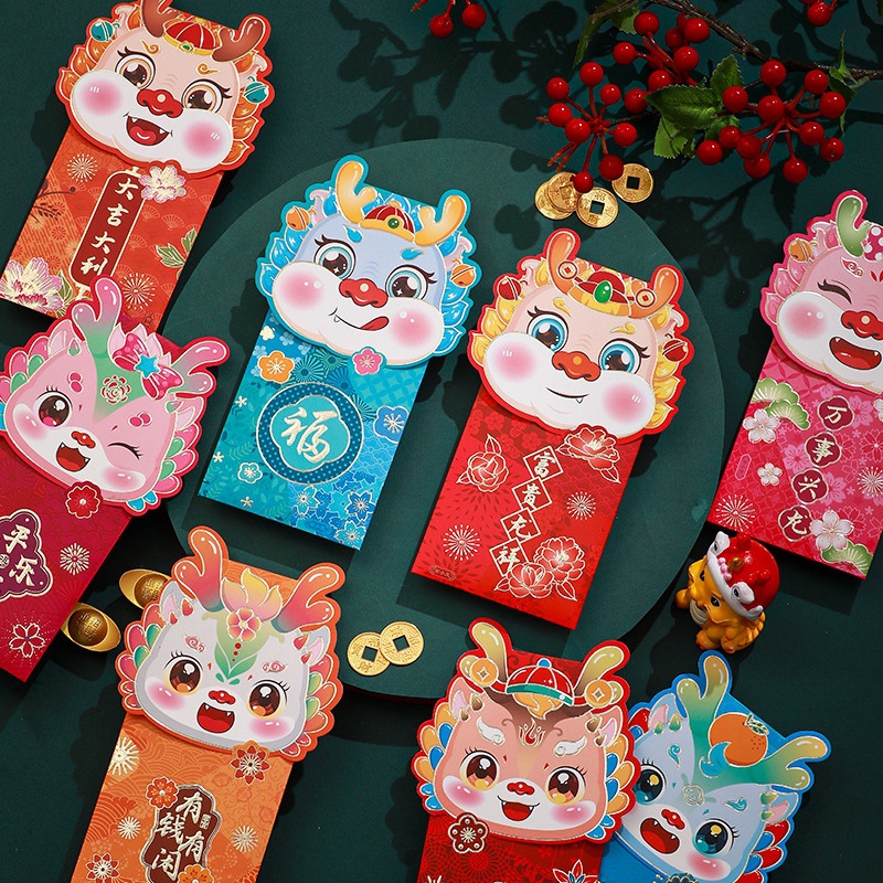 Set 4 Bao Lì Xì Hình Rồng Đỏ Hoạt Hình Phong Cách Trung Hoa Dành Cho Năm Mới 2024