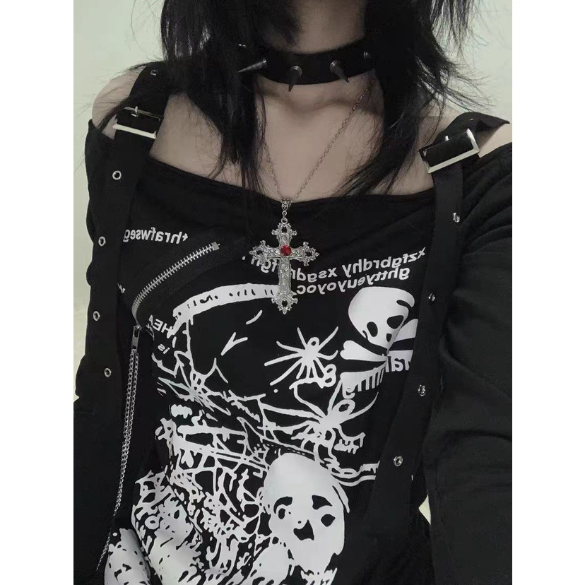 Áo Thun Dây Rút Hở Vai Dáng Rộng Phong Cách gothic punk y2k Millet hot girl Cho Nữ