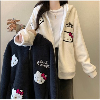 Áo Khoác cardigan Có Nón Phối Khóa Kéo Thêu Hình Hello Kitty Phong Cách Hàn Quốc Thời Trang Mùa Đông Cho Nữ 926p