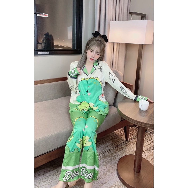 Bộ ngủ lụa xước pijama nữ hình khủng long mặc nhà cute dễ thương Freesize 35-58kg - COMEL