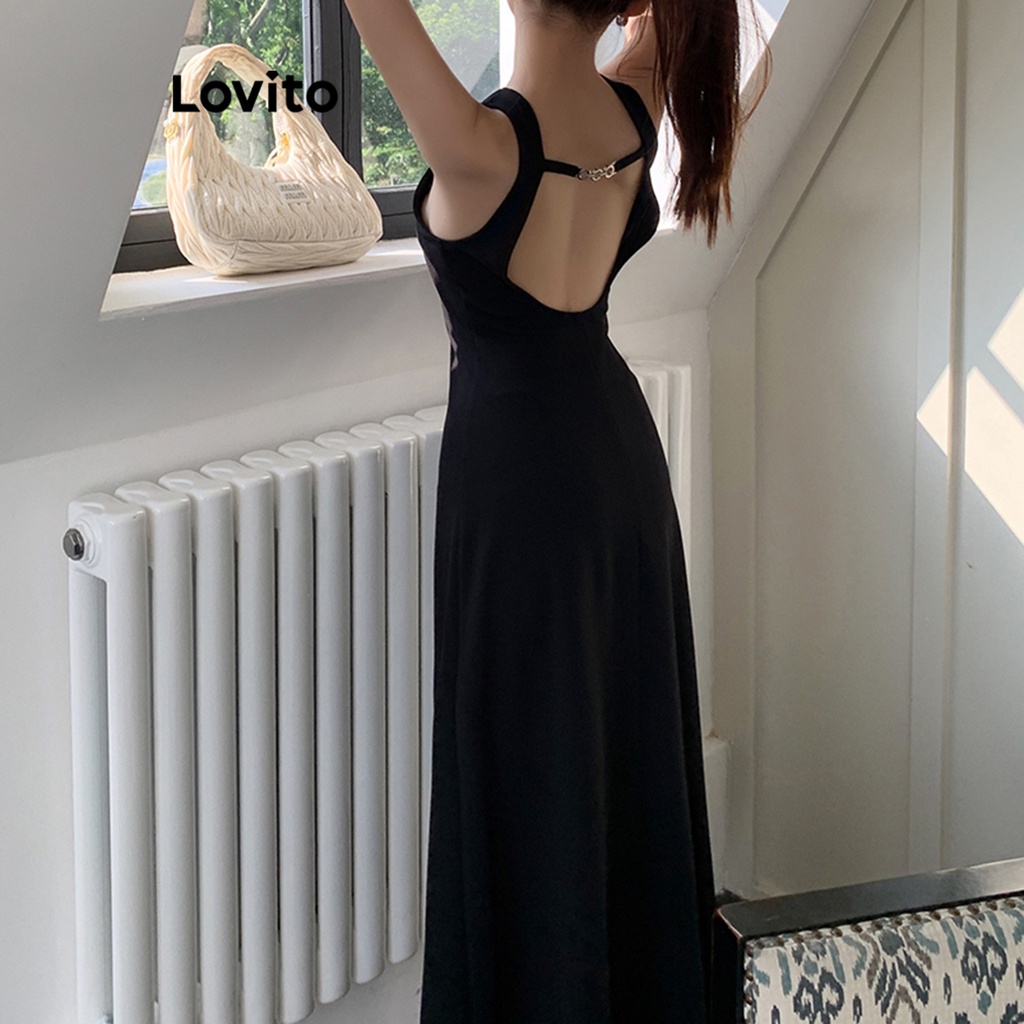 Đầm Lovito hở lưng màu trơn thường ngày cho nữ LNA21062