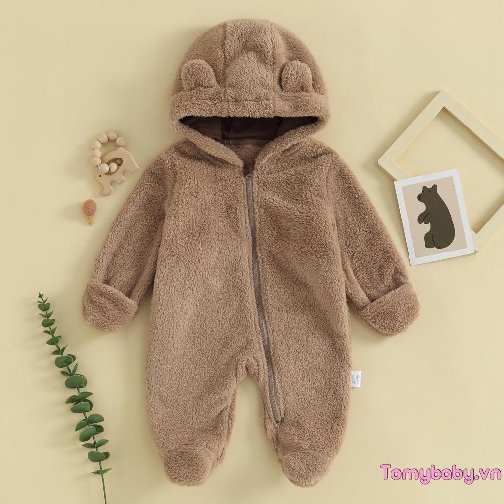 Bộ Áo Liền Quần Tay Dài Có Nón Khóa Kéo Giữ Ấm Mùa Đông Cho Bé Trai Gái