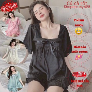 Bộ mặc nhà tiểu thư bộ lụa cộc đùi thoáng mát dễ thương