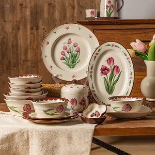 ❤bộ chén đĩa sứ họa tiết hoa tulip vẽ tay phong cách retro cao cấp