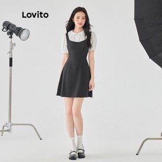 Đầm Lovito tay ngắn phối nút có dây kéo màu trơn thường ngày cho nữ L49AD069 (Màu đen và trắng)