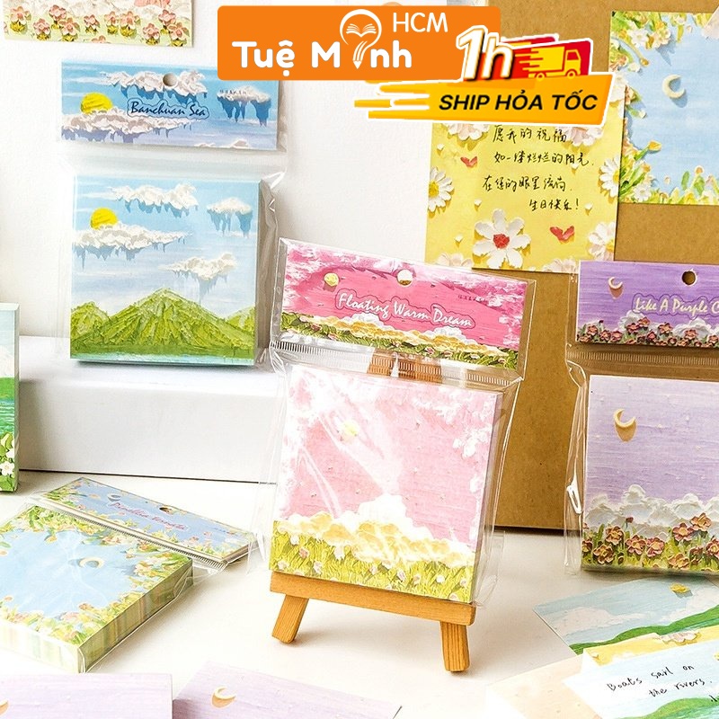 Note ghi chú 100 tờ tranh sáp dầu thiên nhiên nghệ thuật NO16 giấy nhớ note hình bầu trời, biển núi