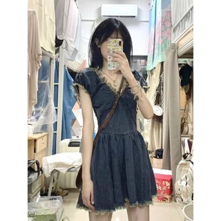 Đầm Denim Cổ Chữ V Phối Tua Rua Phong Cách Hàn Quốc Thời Trang Mùa Hè Mới Cho Nữ
