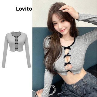 Áo thun Lovito màu trơn phối nơ viền tương phản thời trang thường ngày cho nữ L90AD018