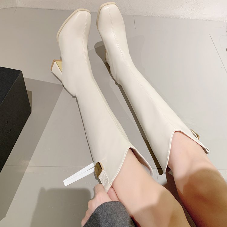 Giày Bốt Da pu Mũi Nhọn Gót Dày Màu Trơn Khóa Kéo Sau Thời Trang Mùa Đông