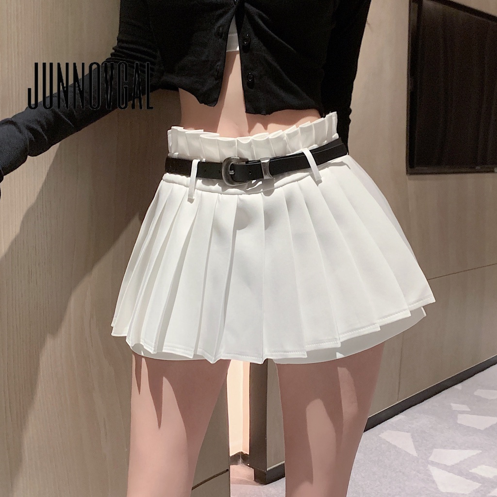 Chân váy nữ JUNNOVGAL xếp ly cạp cao phối thắt lưng thời trang mới 2023
