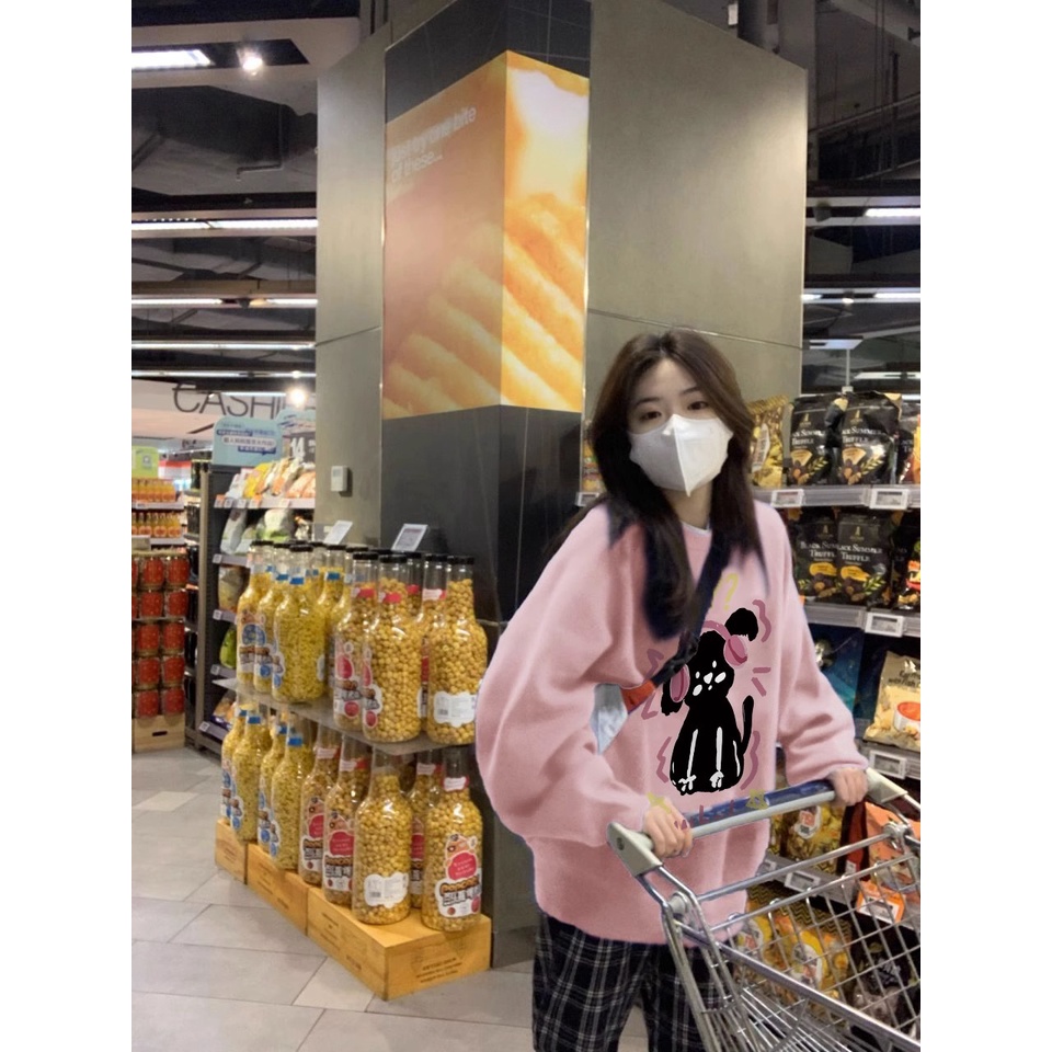 Newmine⭐Áo sweater Áo nỉ dài tay Áo Thun Nỉ Tay Dài Cổ Tròn Dáng Rộng In Hình Cô Gái Phong Cách Thời Trang