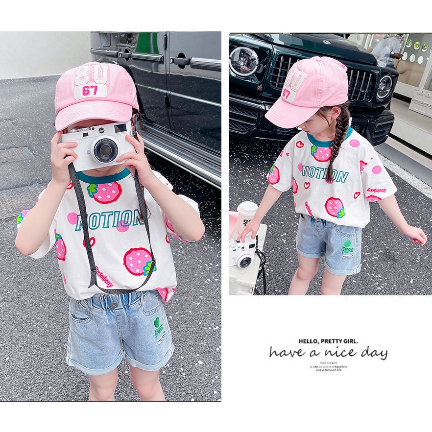 Áo Thun Tay Ngắn In Hình Quả Dâu Dễ Thương Cho Bé Gái Áo thun tay ngắn cho bé gái