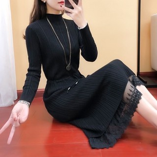 Đầm Len Dài Qua Gối Cổ Cao Phối Ren Phong Cách Mới Cho Nữ